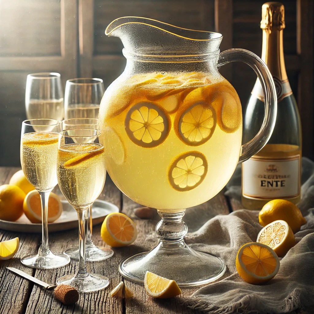 Kalte Ente punch in een grote glazen karaf met een licht gouden kleur en citroenschil, geserveerd met zes wijnglazen op een rustieke houten tafel, omringd door citroenschijfjes en een champagnefles.