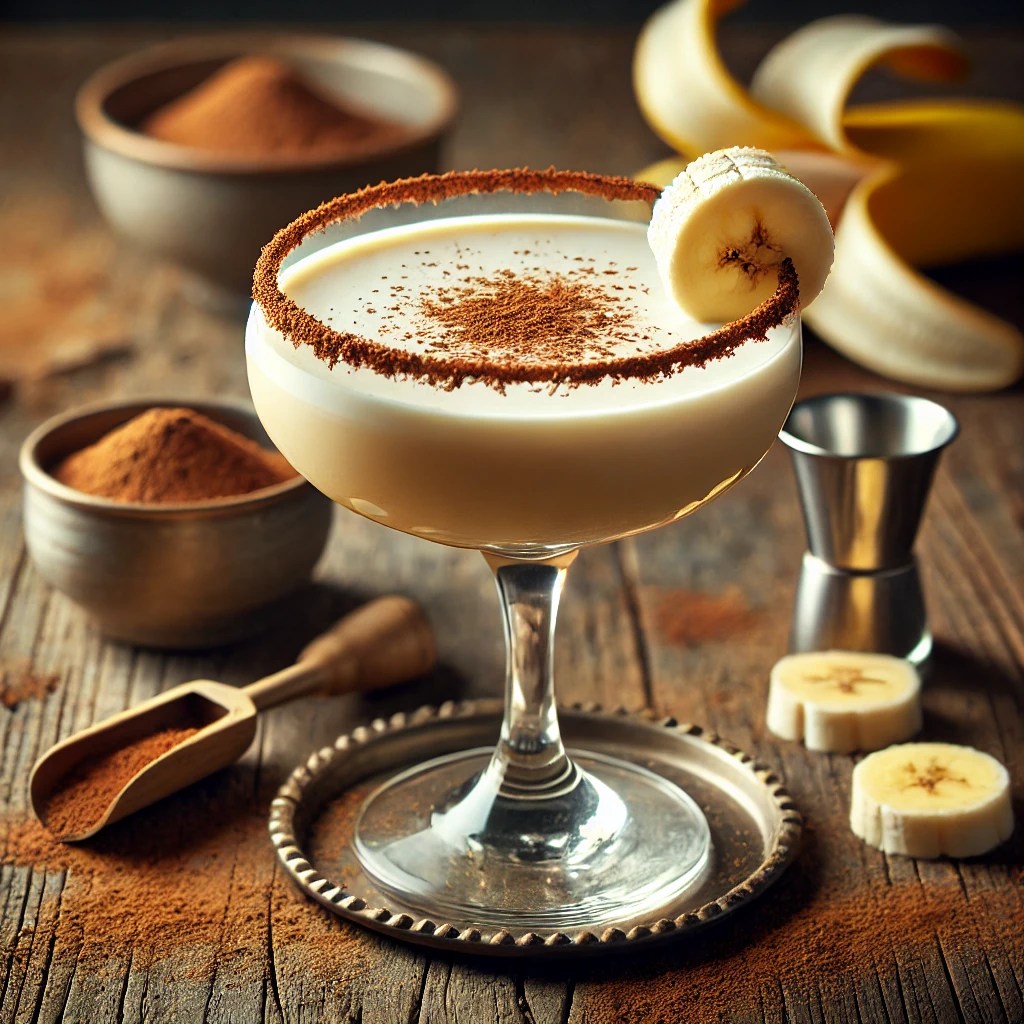 Brandy Alexander cocktail met een rijke beige kleur, geserveerd in een klassiek coupeglas, gegarneerd met een plakje banaan, op een rustieke houten tafel met cacaopoeder, een schaaltje room en bananenschijfjes.