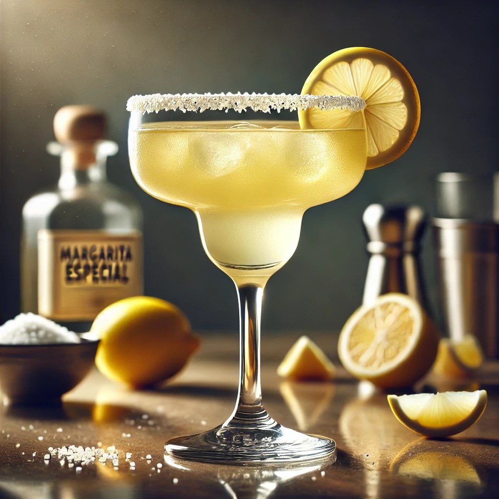 Margarita Especial met een zachte gele tint, geserveerd in een klassiek Margarita-glas met een zoutrand en een schijfje citroen, op een gepolijste bar met verspreide citroenpartjes en een schaaltje zout.