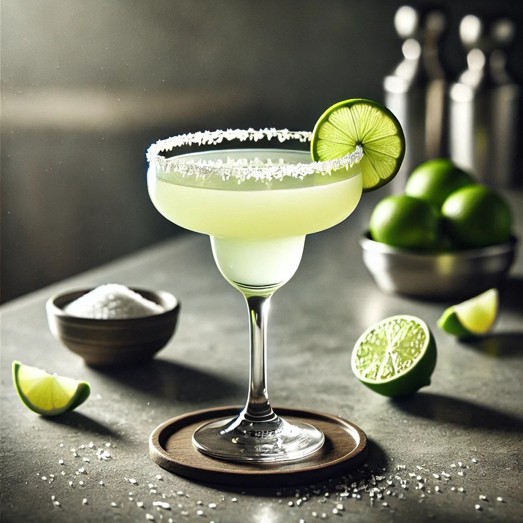 Mescalita cocktail met een lichtgroene tint, geserveerd in een klassiek Margarita-glas met een zoutrand en een schijfje limoen, op een strakke bar met verspreide limoenschijfjes en een schaaltje zout.