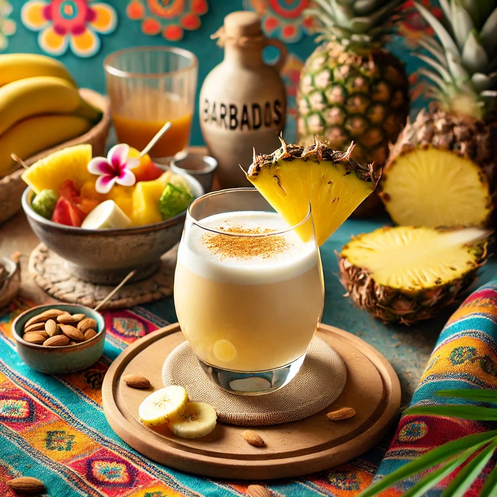 Een tropische cocktail genaamd 'Barbados', geserveerd in een stijlvol glas met een romige lichtgele kleur. Het drankje is gemaakt met rum, banaan, ananassap en amandelsiroop, gegarneerd met een stuk verse ananas en een vleugje gemalen amandelen. De tafel is versierd met levendige tropische textiel, een schaal met vers fruit en feestelijke accenten zoals een decoratief palmblad. De achtergrond toont een zonnige Caribische setting met rustiek hout, natuurlijke texturen en vrolijke details.