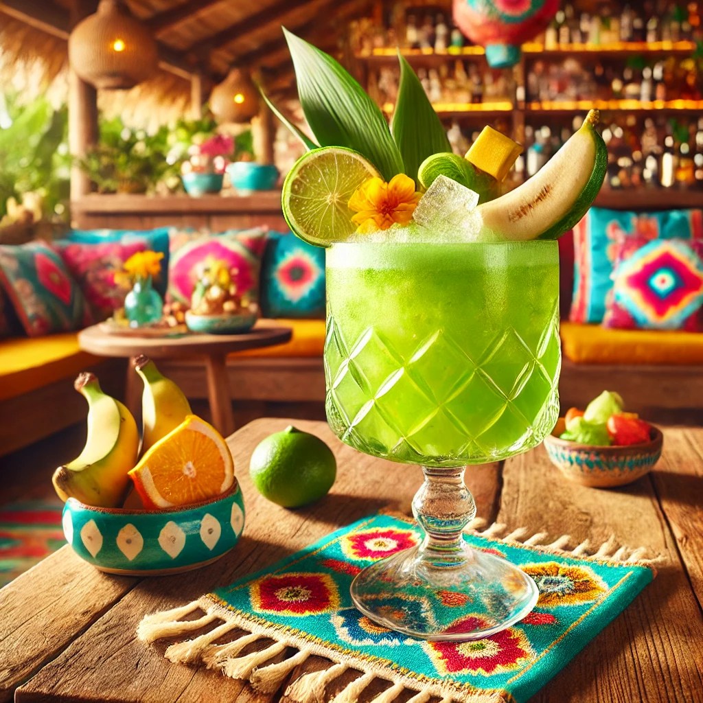 Een tropische cocktail genaamd 'Big Brother', geserveerd in een hoog en elegant glas met een heldergroene kleur. Het drankje is gegarneerd met een plakje verse banaan en een stuk meloen. De tafel is versierd met kleurrijke tropische textiel en feestelijke details zoals een schaaltje vers fruit. De achtergrond toont een zonnige tropische setting met rustieke houten accenten, warm natuurlijk licht en levendige decoraties. Er is geen tekst zichtbaar op het glas of andere items.