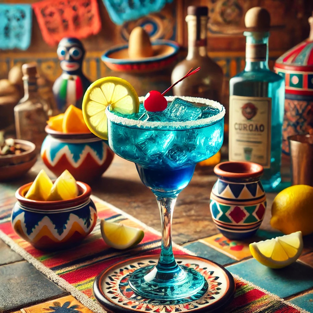 Een elegante cocktail genaamd 'Blue Bossa', geserveerd in een verfijnd glas met een diepe blauwe kleur. Het drankje is gemaakt van tequila, blue curaçao, maraschino-likeur, citroensap en limoensap. Het glas is gegarneerd met een maraschino-kers en een schijfje citroen. De tafel is gedecoreerd met kleurrijke Mexicaanse textiel, een kleine kleikom met citrusvruchten en feestelijke accenten zoals een decoratieve sombrero. De achtergrond toont een levendige Mexicaanse setting met rustieke houten accenten, terracottategels en zacht natuurlijk licht.
