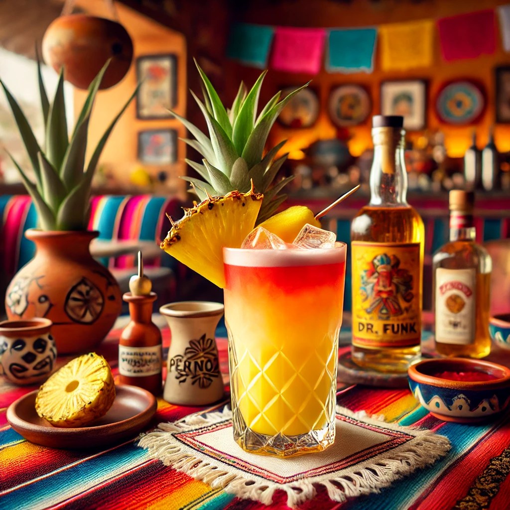 Een levendige Mexicaanse cocktail genaamd 'Dr. Funk', geserveerd in een stijlvol tumblerglas of longdrinkglas. Het drankje combineert witte rum, ananassap, sinaasappelsap, citroensap en grenadine, met apart toegevoegde Pernod. Het glas is gegarneerd met een stuk verse ananas en staat op een tafel versierd met kleurrijke Mexicaanse textiel en traditionele kleidecoraties. De achtergrond toont een warme en rustieke Mexicaanse keuken met terracottategels en heldere, uitnodigende decoraties, zonder zichtbare tekst op glazen of flessen.