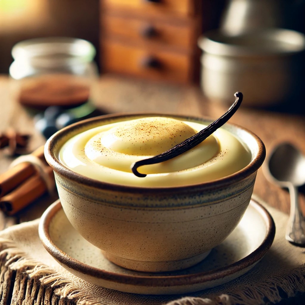 Crème Anglaise: romige, vanille-gespikkelde custard in een rustieke keramische kom, geserveerd op een houten tafel met een kaneelstokje en verse bessen.