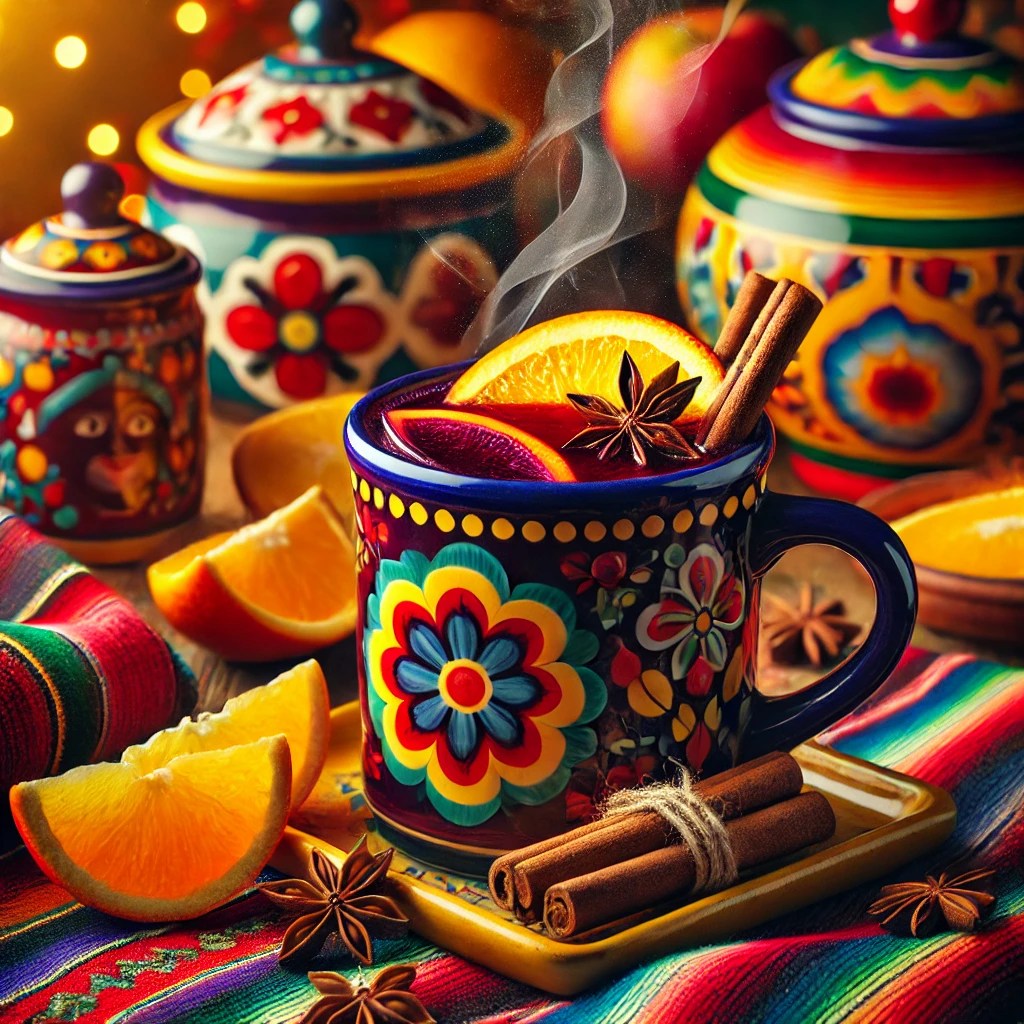 Traditionele Glühwein geserveerd in kleurrijke keramische mokken, gegarneerd met sinaasappelschijfjes, kaneelstokjes en steranijs, met zacht opstijgende stoom.