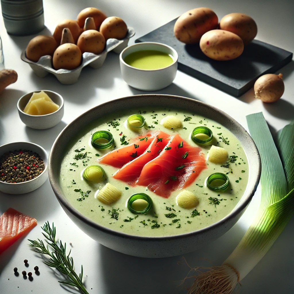 Aardappel-Preisoep met Verse Gember en Gerookte Zalm