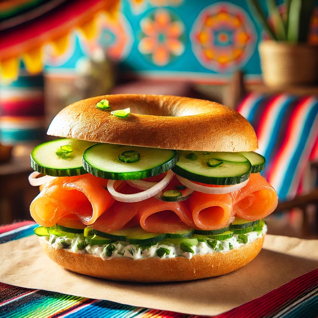 Een frisse zalmsandwich met dunne plakjes komkommer, fijngesneden lente-ui en een laag mierikswortelpasta, geserveerd op een bagel of croissant. De sandwich ligt in een kleurrijke Mexicaans-geïnspireerde setting, wat een vrolijke en levendige sfeer oproept. De zalm en groenten vormen een lichte en verfrissende maaltijd.
