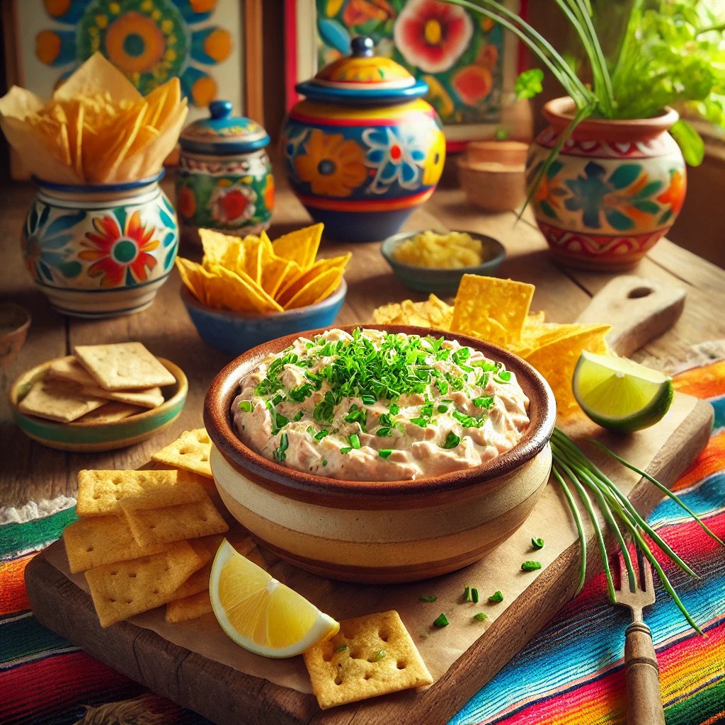 Een levendige, Mexicaans geïnspireerde presentatie van 'Dip van Gerookte Forel'. De romige foreldip wordt geserveerd in een rustieke keramische kom, gegarneerd met verse gehakte bieslook en een schijfje citroen. De kom staat op een houten serveerplank, omringd door knapperige toastpuntjes, crackers en kleurrijke Mexicaanse tafelkleedpatronen. De achtergrond is gevuld met warme, vrolijke Mexicaanse decoratieve elementen zoals beschilderd aardewerk, feestelijke textielaccenten en heldere kleuren, wat zorgt voor een frisse en uitnodigende sfeer.