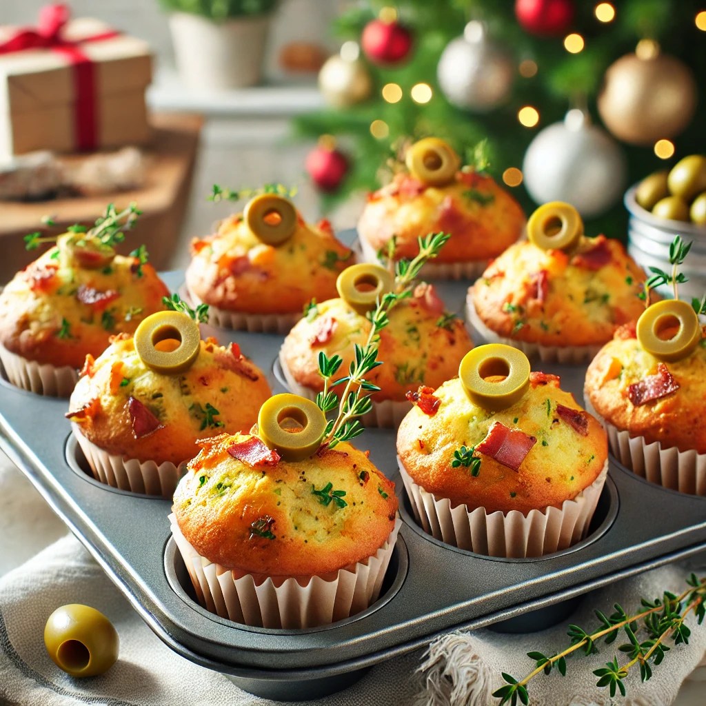 Hartige aardappel-olijven muffins, goudbruin gebakken met stukjes knapperig spek, groene olijven en tijm, gepresenteerd in een muffinbakplaat in een feestelijke keuken met kerstdecoratie en natuurlijk licht.