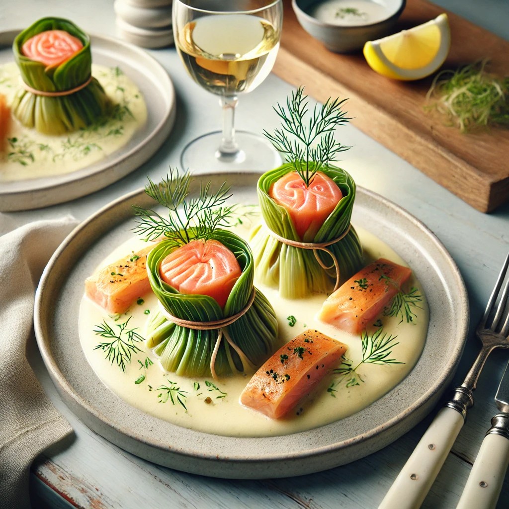 Een elegant gepresenteerd voorgerecht met buideltjes gevuld met gerookte zalm en paling, gebonden met preireepjes. De buideltjes liggen op een romige saus van crème fraîche, witte wijn en visfond, en zijn gegarneerd met verse dille en een schijfje citroen. De tafelsetting omvat een opgevouwen servet, een glas witte wijn en een lichte houten tafel, met zachte verlichting die de verfijnde sfeer benadrukt.