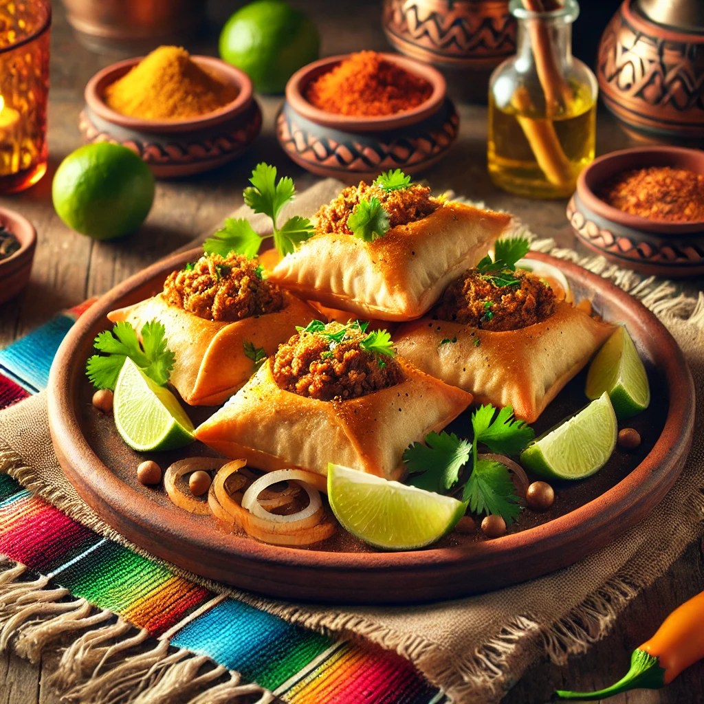 Een Mexicaans geïnspireerde presentatie van Boerak, geserveerd op een rustieke aardewerken schaal. De goudbruine, krokante deegpakketjes zijn gevuld met gekruid gehakt, ui en verse peterselie. Het gerecht is gegarneerd met koriander, partjes limoen en een vleugje chilivlokken. De setting wordt gecompleteerd met kleurrijke Mexicaanse textielpatronen, een houten tafel en warm sfeervol licht voor een uitnodigende en feestelijke sfeer. 🌶️🥟✨
