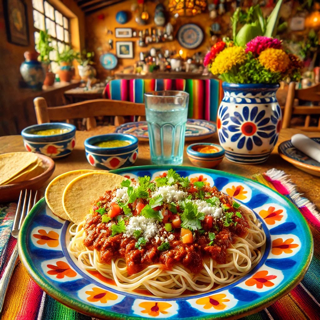 Een kleurrijke Mexicaanse presentatie van bolognesesaus geserveerd over spaghetti op een felgekleurde keramische schaal. Het gerecht is gegarneerd met verkruimelde queso fresco en gehakte koriander, en wordt vergezeld door warme maïstortilla’s. De tafel is gedecoreerd met levendige Mexicaanse textiel, handbeschilderd servies en een glas agua fresca. De achtergrond toont een rustieke Mexicaanse keuken met terracottategels, feestelijke decoraties en natuurlijke lichtinval, wat een levendige en uitnodigende sfeer creëert.