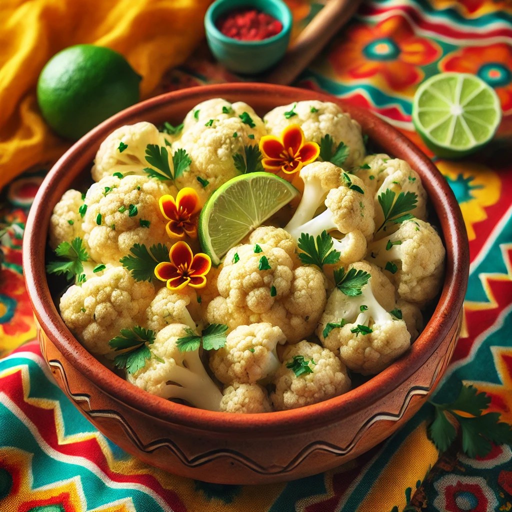 Een vrolijk gepresenteerde magnetronbloemkoolschotel in een rustieke Mexicaanse kom, gegarneerd met verse kruiden en limoenpartjes, tegen een kleurrijke achtergrond met traditionele Mexicaanse patronen en warme tinten. 🌟🥦🇲🇽