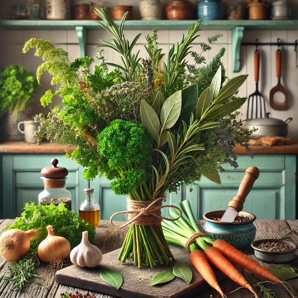 Een rustieke en kleurrijke opstelling van een Frans bouquet garni, gepresenteerd op een houten werkblad. Het kruidenboeket bevat takjes peterselie, tijm en laurier, bijeengebonden met keukentouw. Rondom liggen extra kruiden en groenten zoals rozemarijn, salie, prei, wortels, bleekselderij, venkel en uien. De setting toont een gezellige vintage keuken met houten werkbladen, pastelgroene en blauwe kastjes, en zacht natuurlijk licht dat door een raam valt. Rustieke keukengerei en een schaaltje kruiden versterken de uitnodigende sfeer.