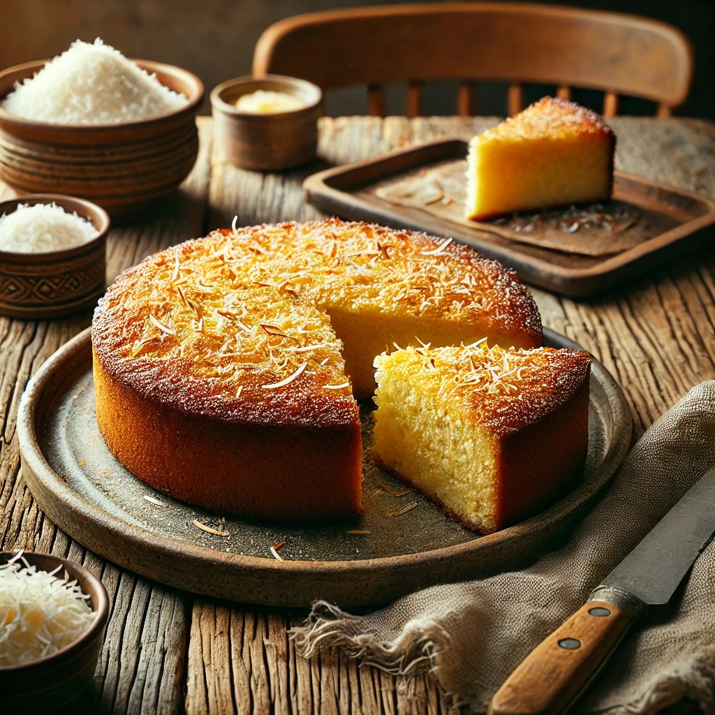 Een rustieke foto van een versgebakken kokos-boterkoek, geserveerd op een keramieken bord op een doorleefde houten tafel. De goudbruine koek heeft een licht krokante korst met een zachte, boterachtige binnenkant. Een royale laag geroosterde kokosvlokken is eroverheen gestrooid voor extra smaak en textuur. Een uitgesneden stuk onthult de smeuïge, rijke consistentie. Op de achtergrond ligt een houten snijplank met extra kokosvlokken en een schaaltje boter, subtiel vervaagd. Zacht natuurlijk licht zorgt voor een warme en uitnodigende sfeer.