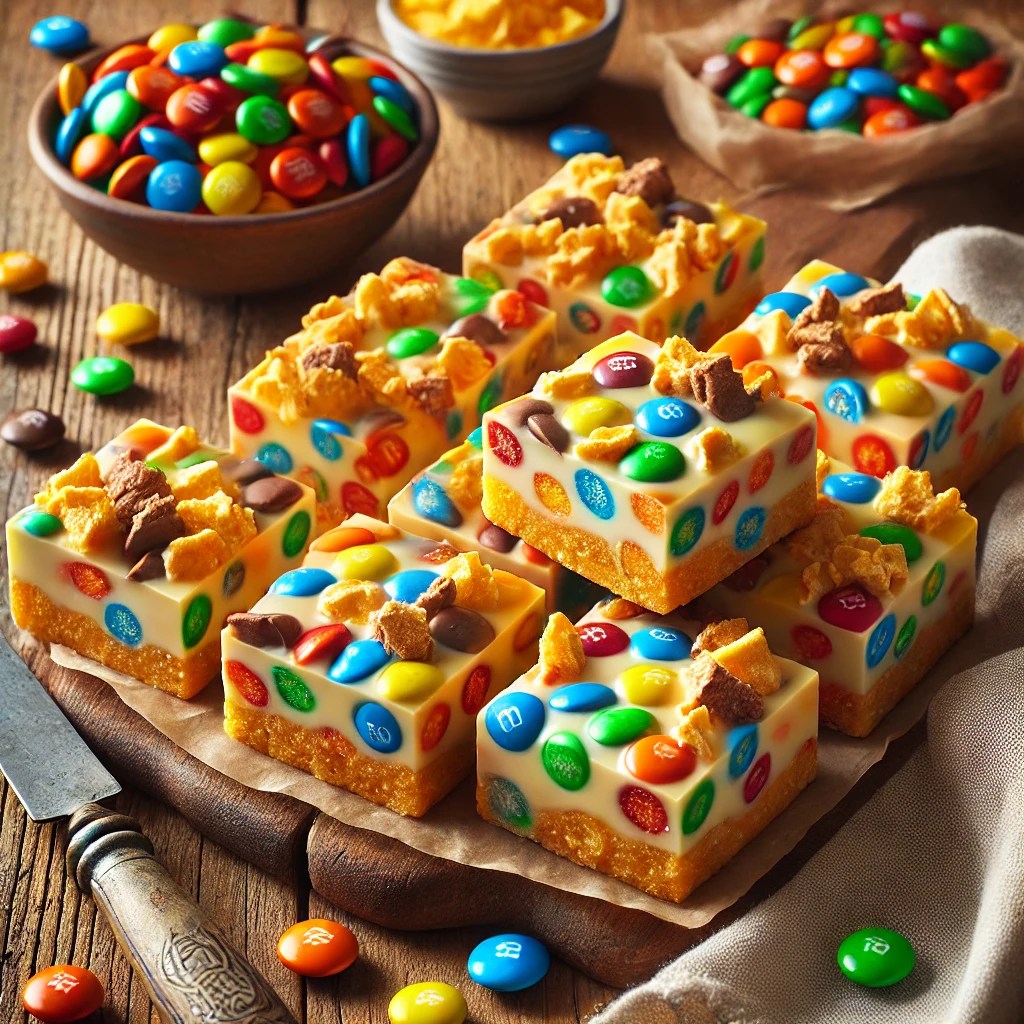 Een kleurrijke batch M&M Crispy Fudge Squares, gemaakt van romige witte chocolade en bestrooid met knapperige, felgekleurde M&M’s Crispy. De fudge is in perfecte vierkantjes gesneden, waarbij de glanzende chocolaatjes speels uit de zachte structuur steken. Extra M&M’s liggen verspreid over de rustieke houten tafel, samen met een linnen servet en een vintage mes. Zachte natuurlijke verlichting benadrukt de levendige kleuren en rijke texturen van de fudge.