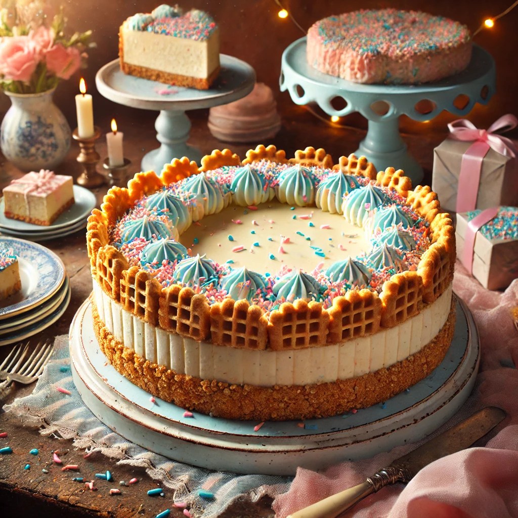 Een feestelijke MonChou taart met een krokante koekbodem, rijkelijk belegd met roze en blauwe muisjes. De taart staat op een rustieke houten tafel, omringd door pastelgekleurde servetten, bloemen en een vintage taartschep. Een uitgesneden punt onthult de romige lagen van de taart, terwijl het geheel sfeervol wordt verlicht. 🍰✨