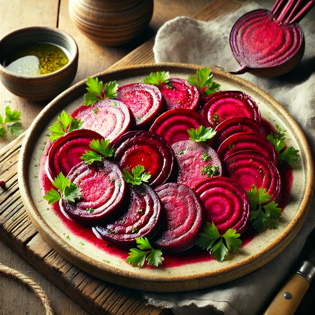 A beautifully plated dish of quickly cooked beets, prepared in the microwave. The vibrant red beets are sliced into rounds and arranged neatly on a rustic ceramic plate. They have a glossy sheen, indicating freshness and tenderness. Garnished with a sprinkle of fresh parsley and a drizzle of olive oil, the dish is accompanied by a small bowl of vinaigrette. The setting is a wooden table with soft, natural lighting enhancing the earthy and nutritious presentation.
