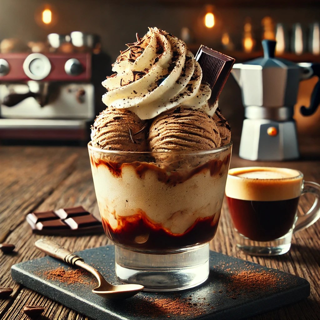 Chocolade cappuccino-ijs met slagroom en chocoladeschilfers, geserveerd in glas naast een espresso.