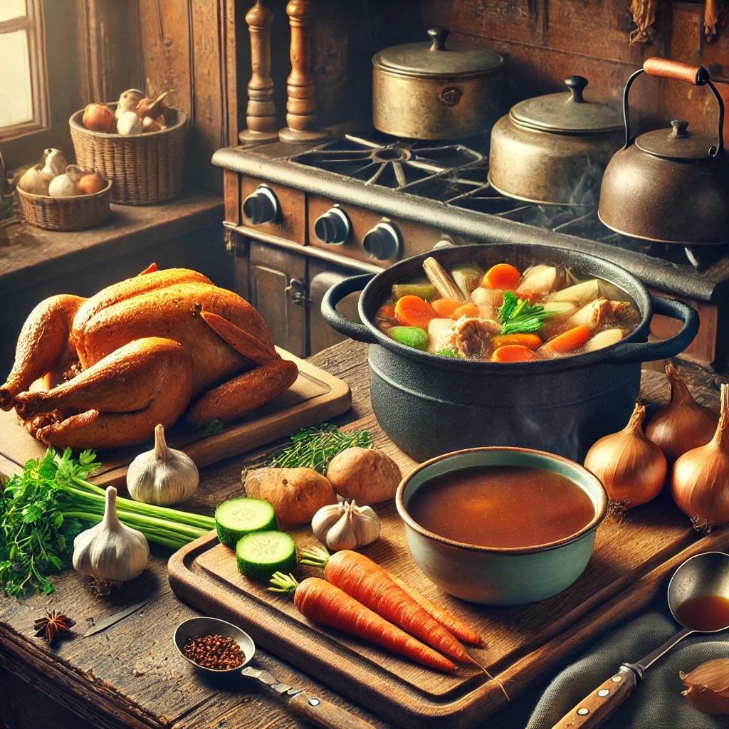 Een rustieke keuken met een pan huisgemaakte bruine fond die zachtjes suddert op het fornuis. Op een houten snijplank liggen gesneden groenten zoals wortelen, uien, selderij en knoflook, samen met geroosterde kipkarkassen. Een soeplepel en een schaaltje met rijke bruine fond staan klaar voor gebruik. De keuken heeft vintage accenten, met warme houten tinten en natuurlijk licht dat een gezellige en voedzame sfeer benadrukt.
