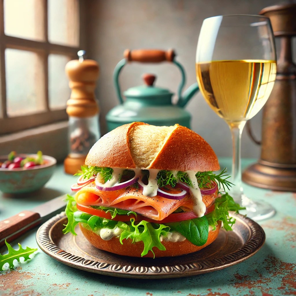 Een gegrild zalmbroodje op een rustiek broodje, belegd met een frisse, kleurrijke salade en een romige dressing. Geserveerd met een glas gekoelde Riesling in een gezellige vintage keuken met pastelkleuren en retro-accenten.