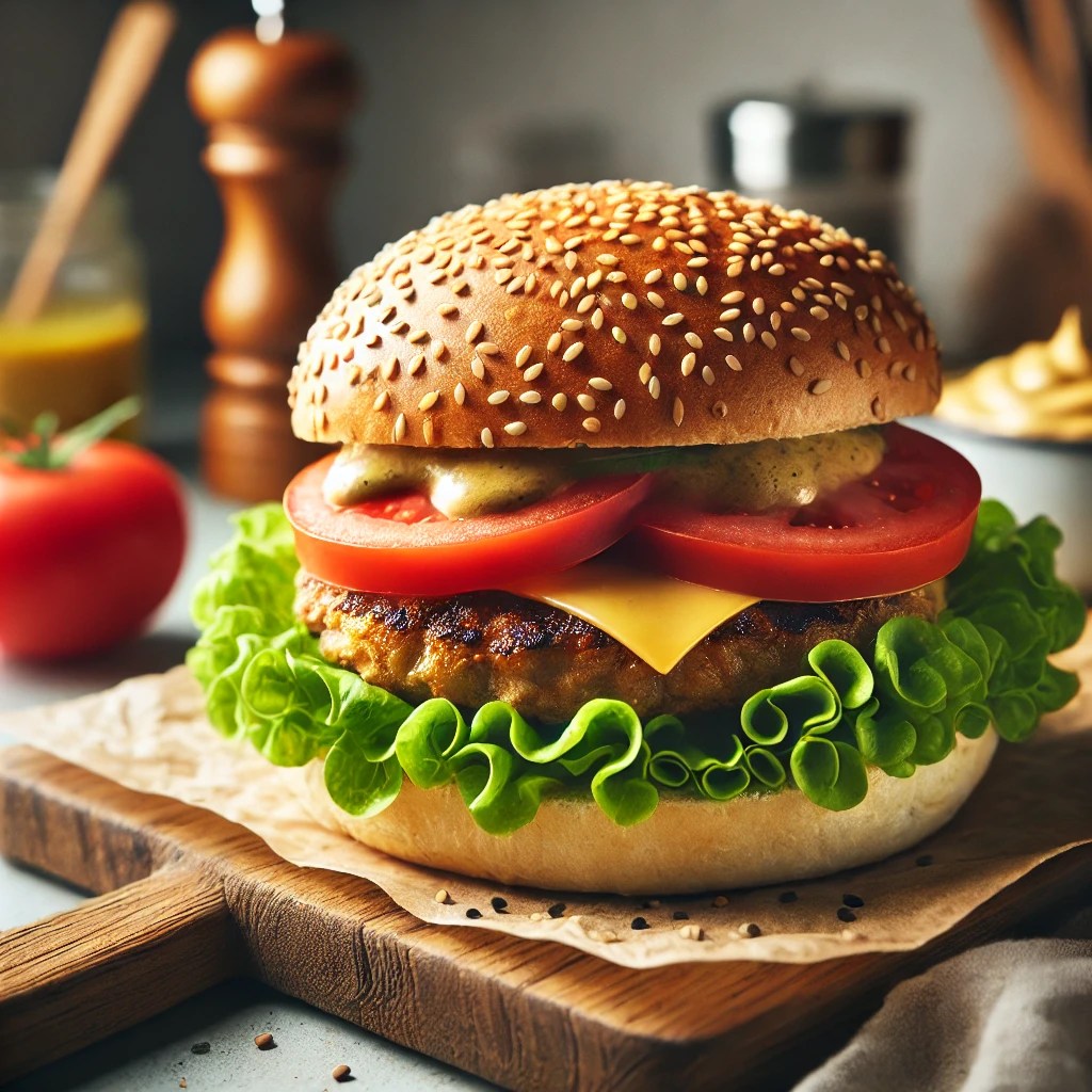 erman-style gehaktbrood burger met mosterddressing, geserveerd op een sesambroodje met tomaat en sla, in een rustieke keuken met een houten aanrecht en eenvoudige keukengerei op de achtergrond.