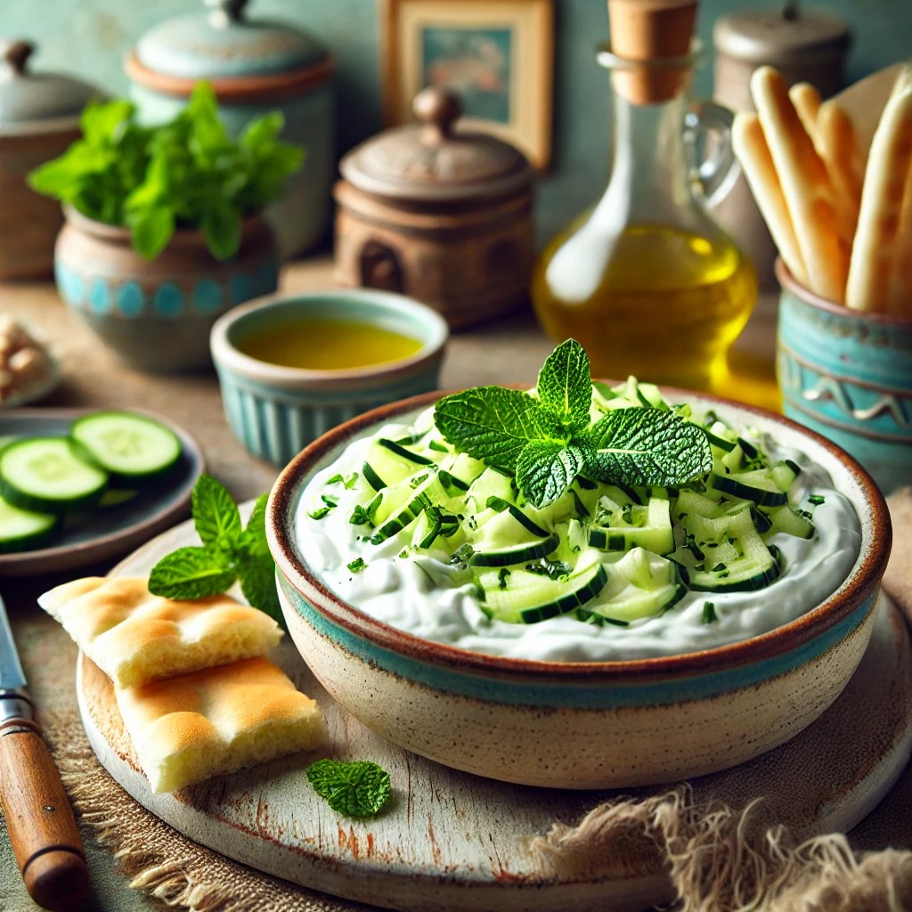 Een verfrissende Turkse cacik-dip met geraspte komkommer, knoflook en dikke Turkse yoghurt, gegarneerd met verse muntblaadjes en een scheutje olijfolie. Geserveerd in een rustieke keramieken schaal met stukken pitabrood en groentesticks ernaast. Geplaatst in een gezellige vintage keuken met pastelkleuren en retro-accenten, belicht door zacht natuurlijk licht dat de romige textuur en de kleurrijke garnering benadrukt.