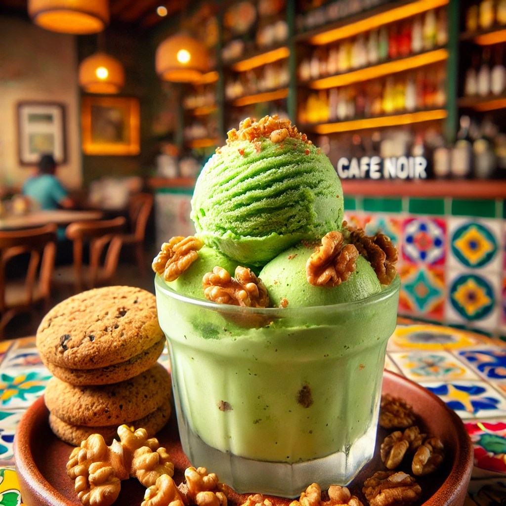 Romig avocado-walnootijs geserveerd in glazen met gehakte walnoten en twee café-noir koekjes, gepresenteerd op een gekleurd bord als zomers dessert