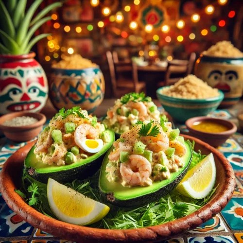 Avocadohelften gevuld met een romige garnalenvulling van ei, bleekselderij en mayonaise, geserveerd op een gekleurd bord met citroen