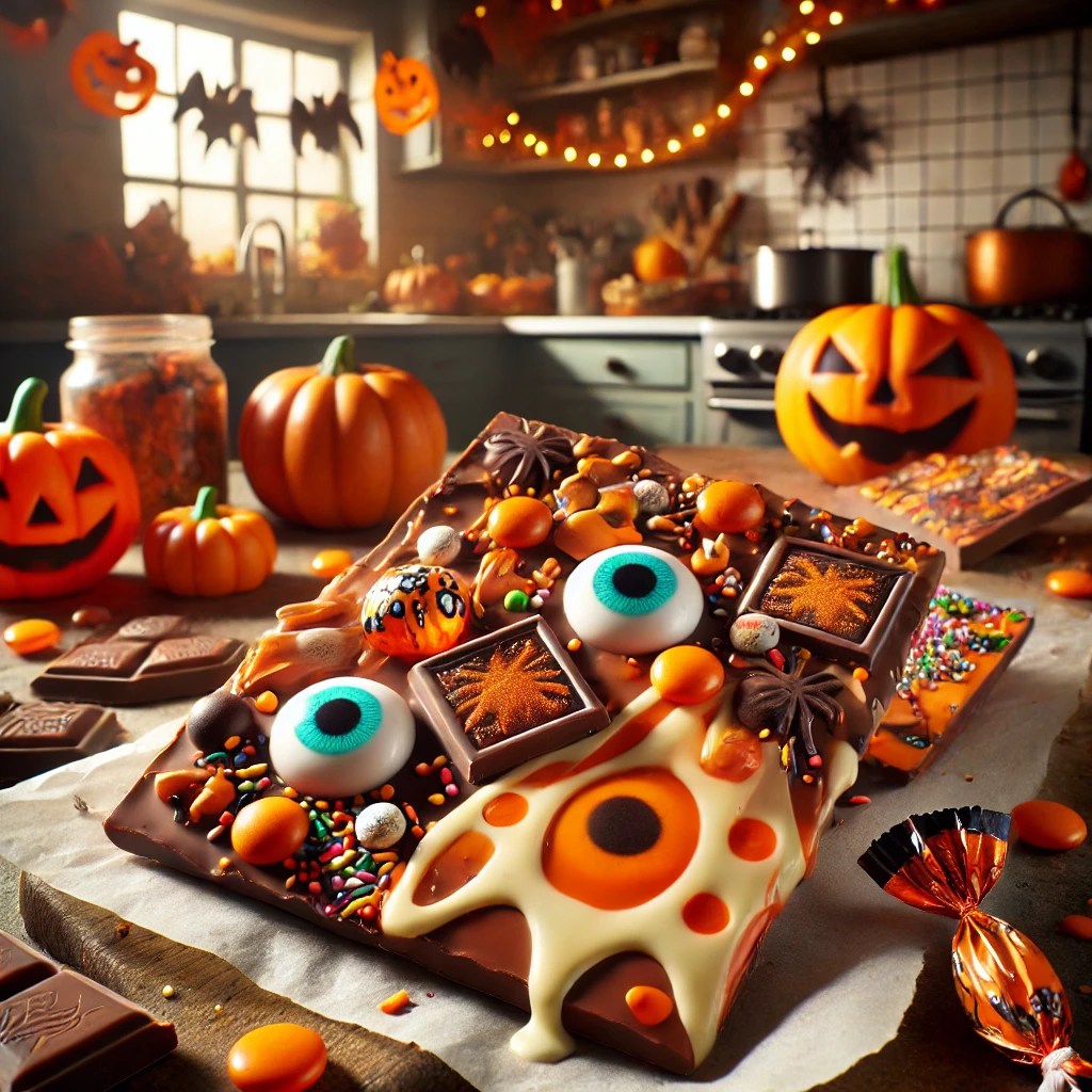Chocolade bark met swirls van witte chocolade, suikeroogjes en Halloween sprinkles op bakpapier, klaar om te breken en uit te delen