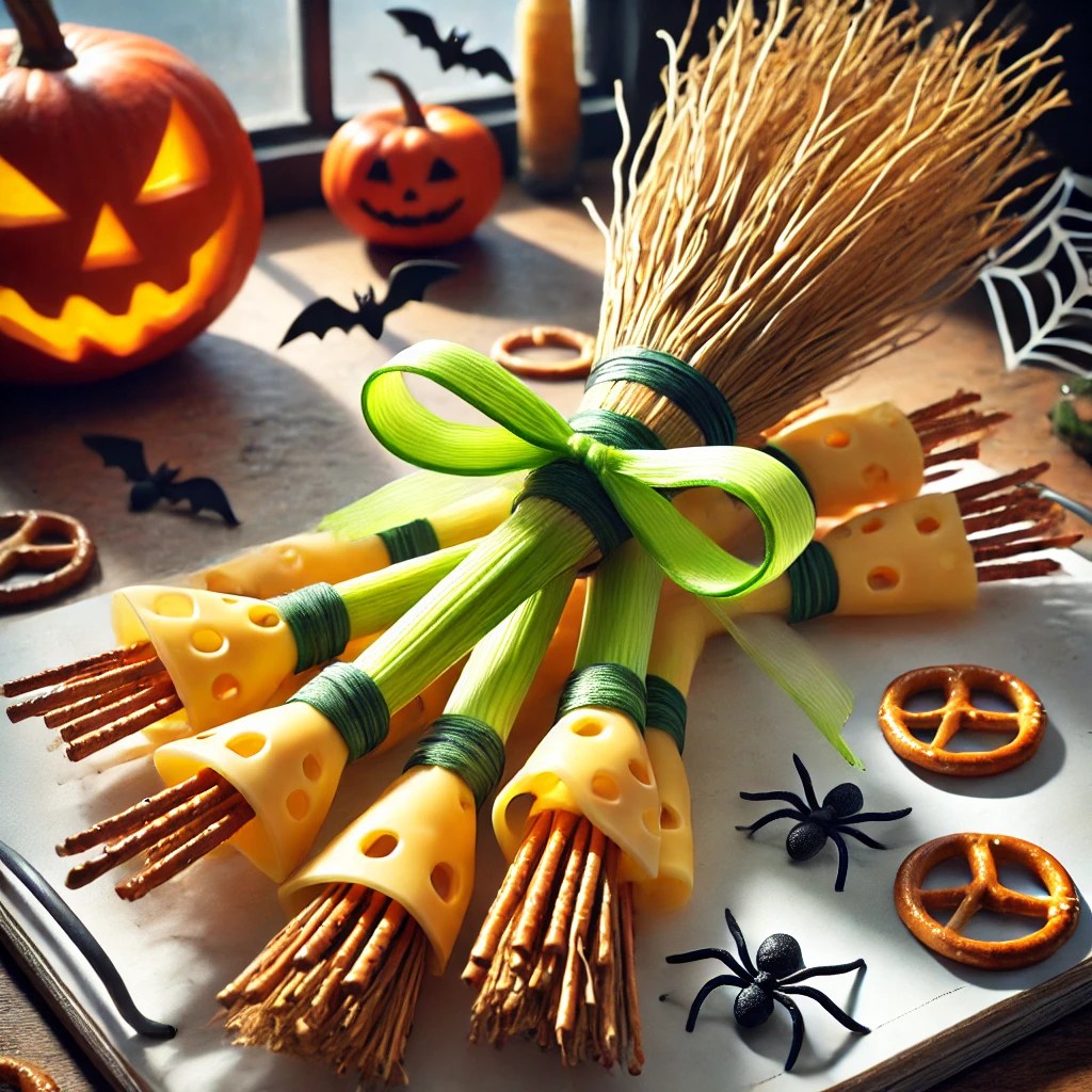 Halloween heksenbezems gemaakt van soepstengels, kaasfranjes en preilinten als lintjes, geserveerd als hartige traktatie