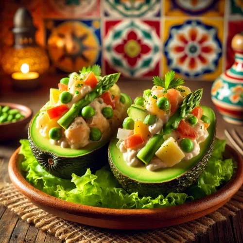 Avocadohelften gevuld met kleurrijke groenten zoals paprika, komkommer, doperwten en aardappel, geserveerd op een gekleurd bord met sla
