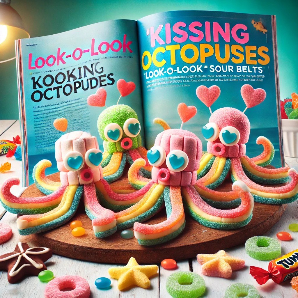 Zoenende octopussen gemaakt van zure matten, chocolade, tumtums en Smarties, kleurrijk gepresenteerd als feestelijke kindertraktatie