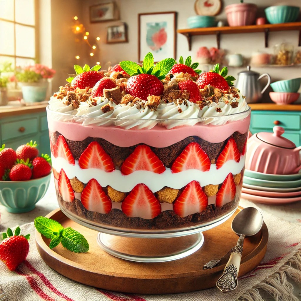 Een gelaagde trifle met chocoladecake, aardbeienkwark, aardbeientopping en slagroom in een grote glazen schaal, gegarneerd met kruimels, verse aardbeien en munt. Geplaatst in een gezellige, moderne keuken met kleurrijke accenten en natuurlijk licht.