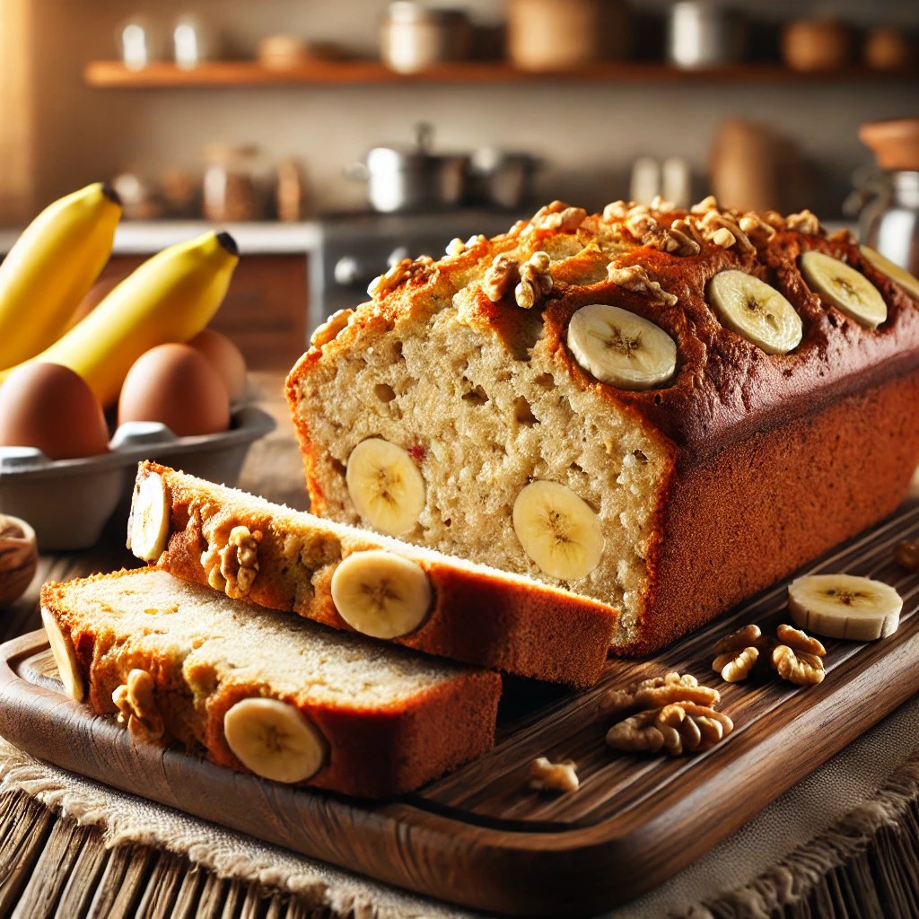 Bananenbrood met walnoten, geserveerd op snijplank in gezellige Amerikaanse keuken.