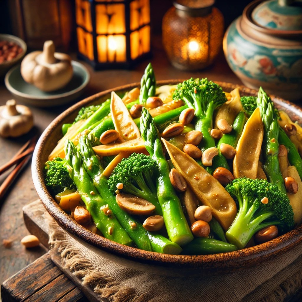 Bamboescheuten met pinda's, broccoli en paddenstoelen in een oosterse woksaus, geserveerd in rustieke kom.