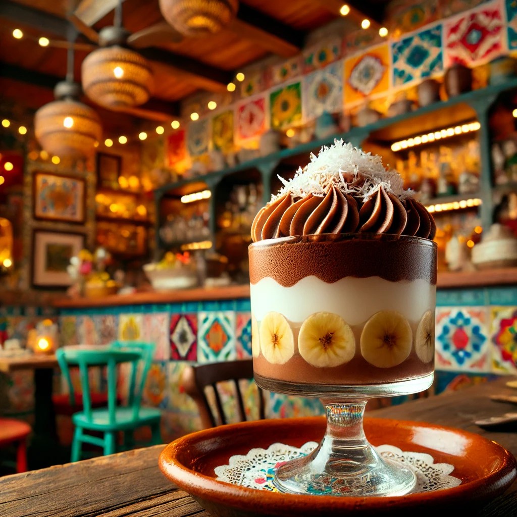 ananenpuree met chocolademousse en kokosschilfers, geserveerd in Mexicaanse stijl dessertglas.