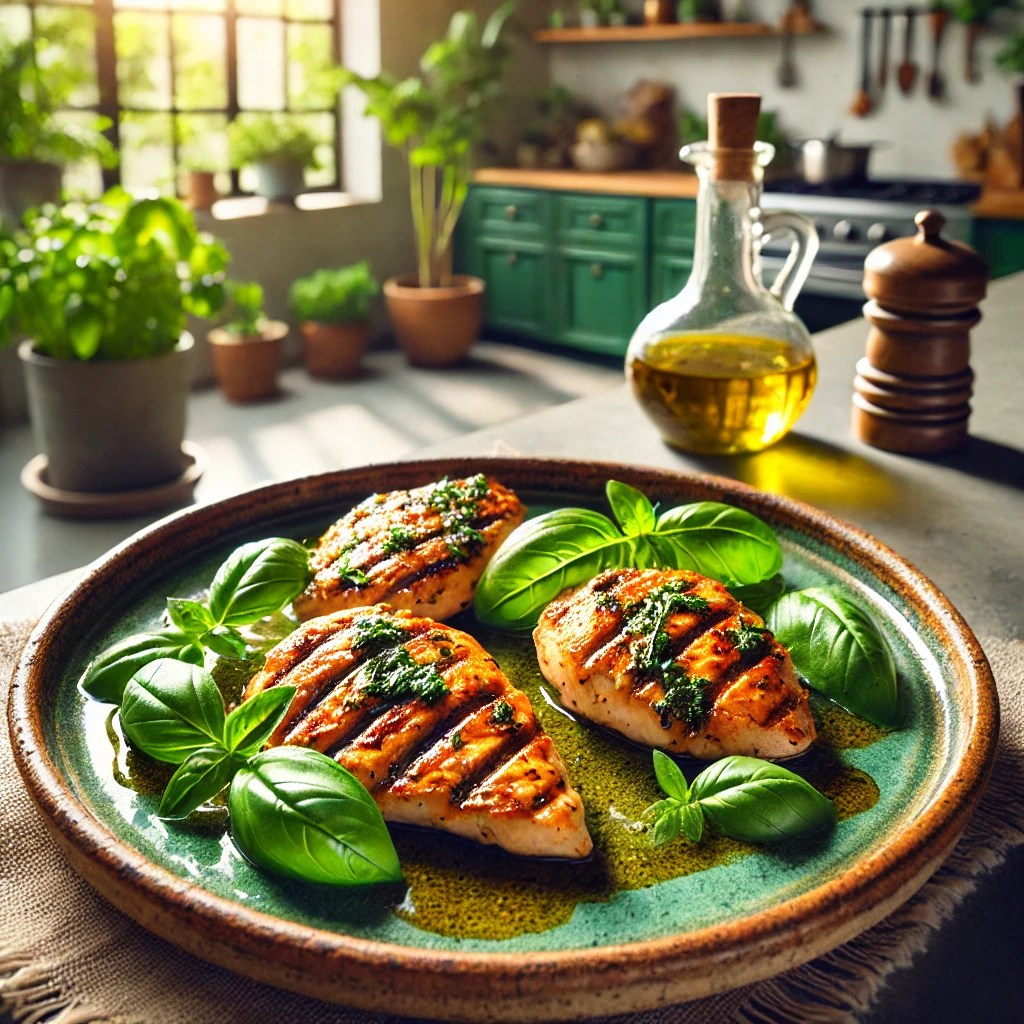 Gegrilde kipfilets gemarineerd met basilicum, geserveerd op een rustiek keramisch bord, gegarneerd met verse basilicumblaadjes en een scheutje olijfolie. Op de achtergrond een moderne, lichte keuken met groene accenten en potten met verse kruiden