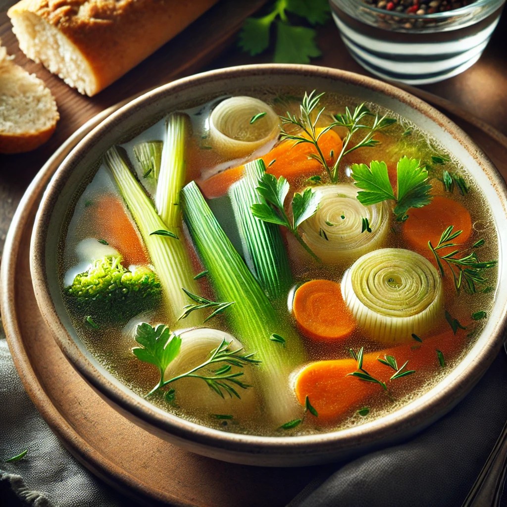 Een heldere kalfsbouillon met fijn gesneden groenten zoals bleekselderij, prei en wortel, geserveerd als warm voorgerecht en gegarneerd met fijngehakte kervel. Naast de soep ligt een vers broodje, in een gezellige eetomgeving met warm natuurlijk licht dat de rijke kleur en heldere textuur van de bouillon benadrukt.