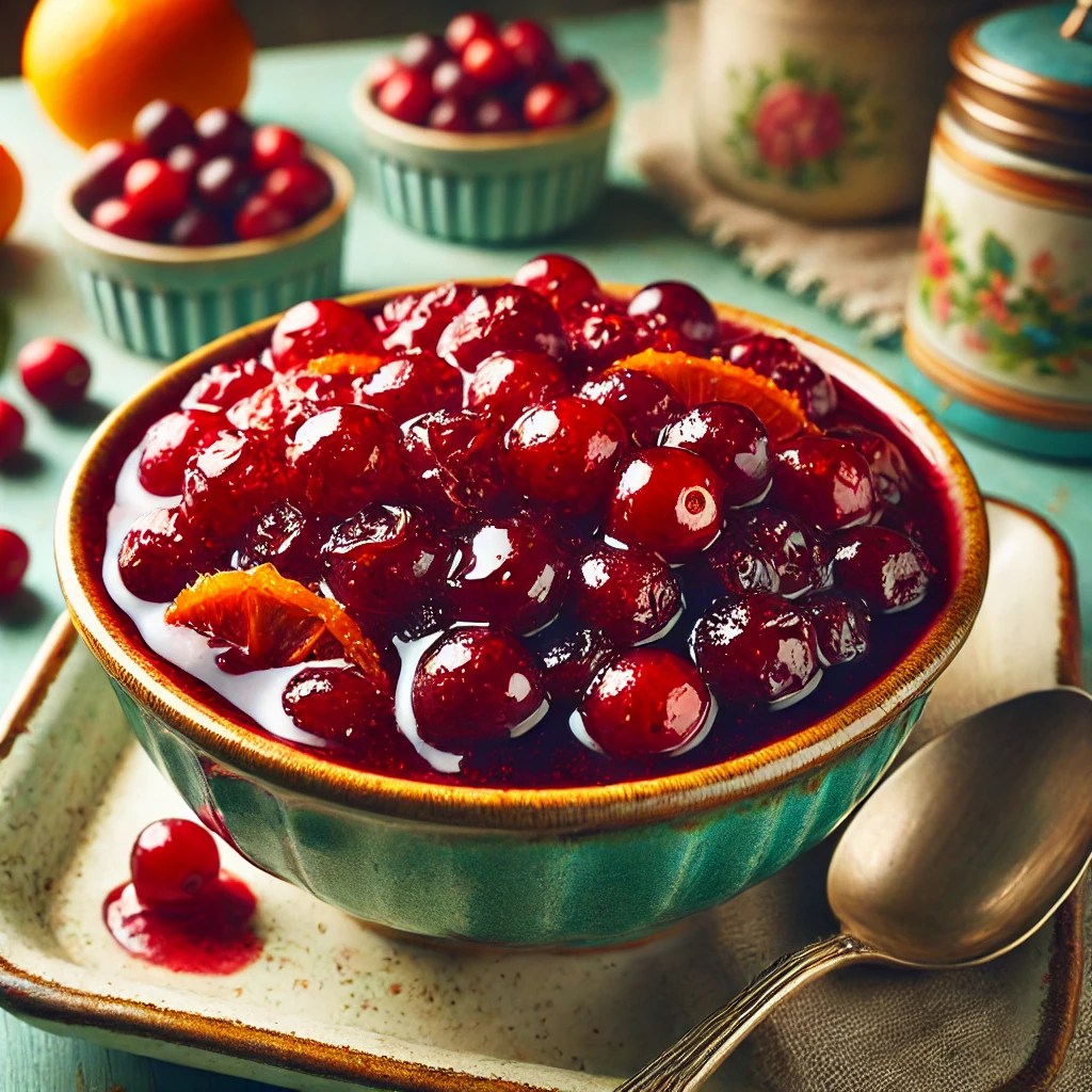 Een schaal met levendige cranberrycompote, glanzend rood van kleur, met stukjes sinaasappelschil en een vleugje rode port. Geserveerd in een rustiek schaaltje in een gezellige vintage keuken met pastelkleuren en retro-accenten, onder zacht natuurlijk licht dat de rijke kleur en textuur benadrukt.