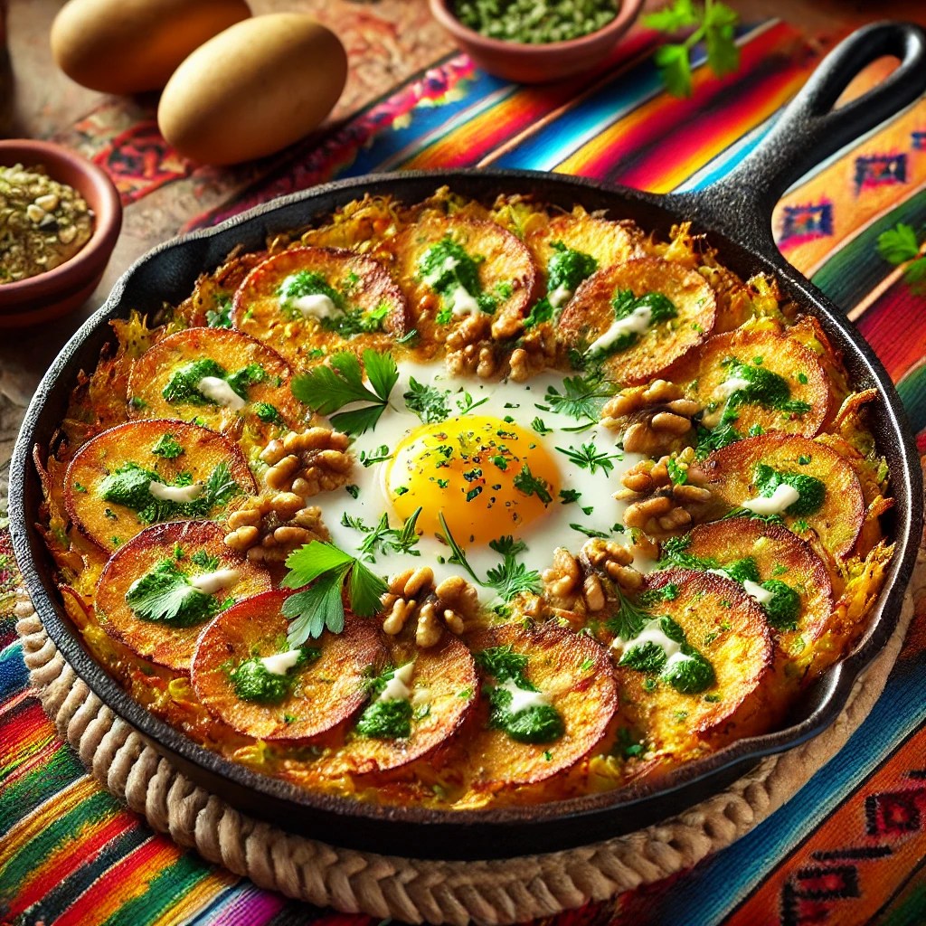 Een kleurrijke, Mexicaans geïnspireerde presentatie van een Aardappeltortilla in een rustieke gietijzeren pan. De tortilla is goudbruin gebakken, gegarneerd met verse kruiden zoals peterselie en bieslook, en bezaaid met knapperige aardappelschijfjes en gehakte walnoten. De pan staat op een levendige Mexicaanse tafelkleed met opvallende patronen en warme tinten, wat een uitnodigende en gezellige sfeer creëert. 🌟🍳