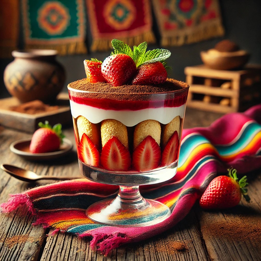 Een prachtig gepresenteerde Aardbeien Tiramisu in een helder glas, met lagen van helderrode aardbeiengelei, gouden lange vingers doordrenkt met koffie en amaretto, en een romige mascarponelaag bestrooid met cacaopoeder. Verse aardbeien en een muntblaadje dienen als garnering. Het glas staat op een rustieke houten tafel, omringd door kleurrijke Mexicaanse decoratieve elementen die een warme en uitnodigende sfeer creëren. 🌟🍓