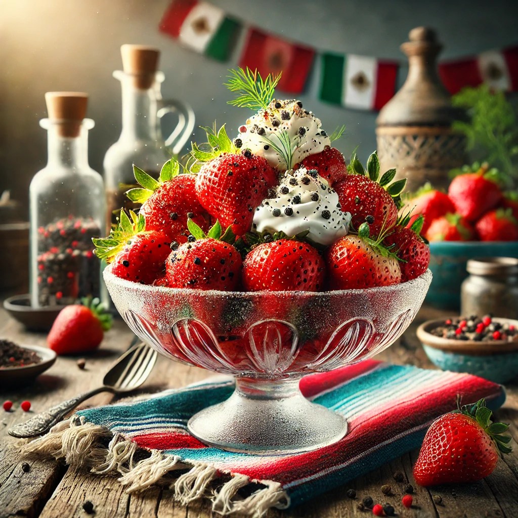 Een kleurrijke Mexicaans geïnspireerde presentatie van 'Aardbeien met Zwarte Peper'. Verse, sappige aardbeien zijn stijlvol gerangschikt in een glazen kom, besprenkeld met versgemalen zwarte peper, een scheutje room en een vleugje dille. De setting is op een rustieke houten tafel, omringd door subtiele Mexicaanse decoratieve elementen en warme kleuren, met natuurlijk licht dat de frisheid van de aardbeien benadrukt. Er is geen tekst zichtbaar op de kommen, borden of in de achtergrond.