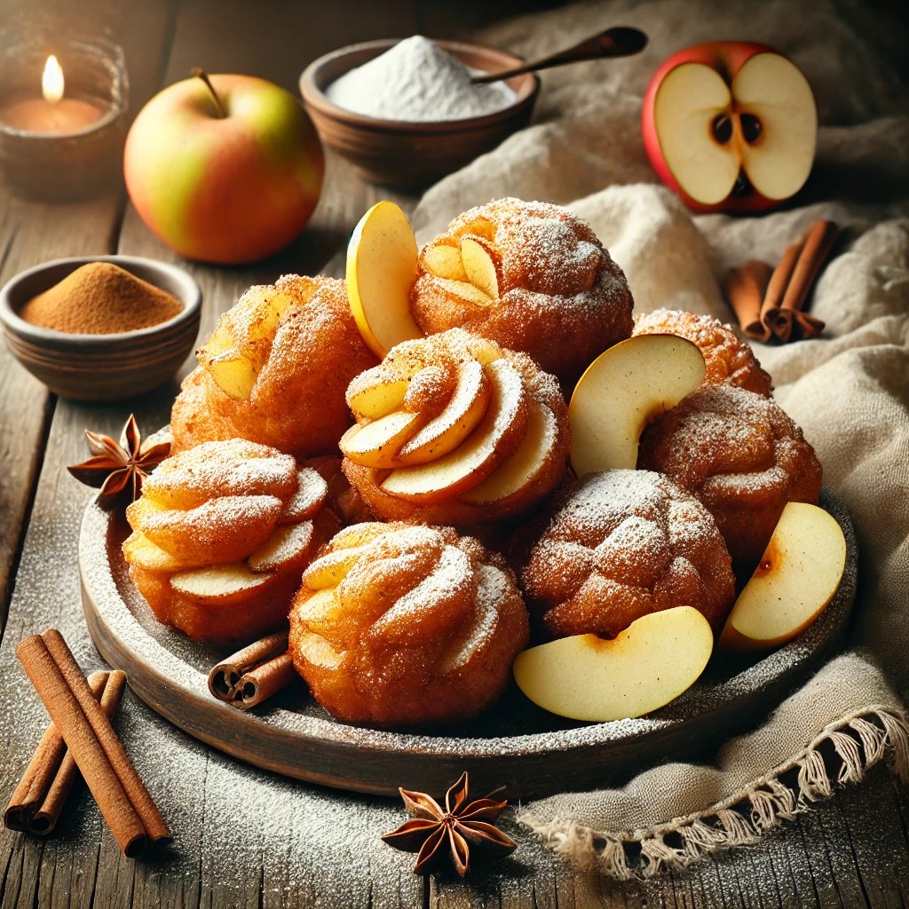 Een sfeervolle presentatie van appel-kaneel oliebollen, goudbruin gebakken en royaal bestrooid met poedersuiker. De oliebollen bevatten zichtbare stukjes appel en subtiele hints van kaneel. Ze zijn aantrekkelijk opgestapeld op een rustieke houten tafel, versierd met appelpartjes en kaneelstokjes. De setting straalt warmte uit met sfeervolle verlichting en een lichte strooiing van poedersuiker. 🍎✨🍩