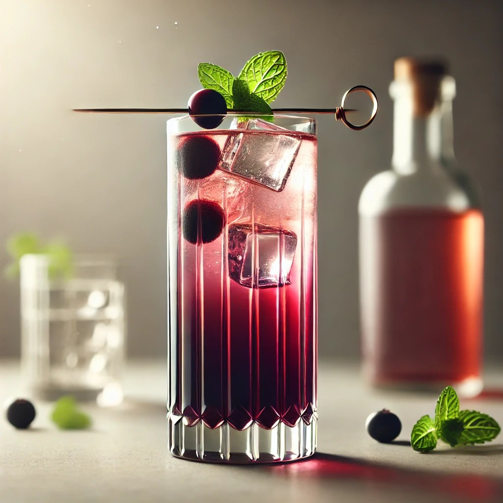 'Bright Eyes'-cocktail geserveerd in een hoog longdrinkglas, met een rijke paarse cassislaag en heldere Feigling over ijsblokjes, stevig geroerd en gegarneerd met een takje munt of een besje, in een minimalistische en elegante setting zonder zichtbare flessen of tekst.