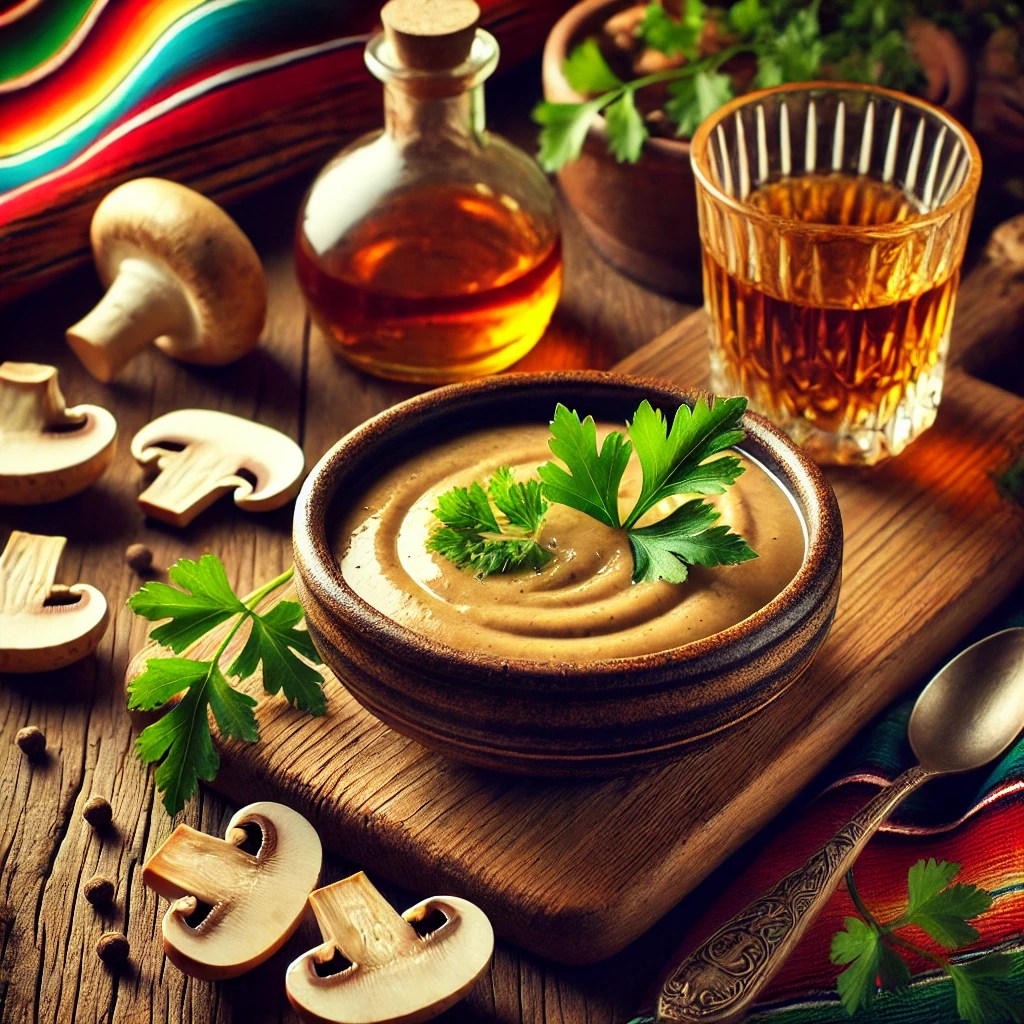 Een sfeervolle presentatie van een Champignon Cognacsaus, geserveerd in een rustieke keramische sauskom. De saus heeft een romige, goudbruine kleur en is gegarneerd met verse selderijblaadjes. Rondom de kom liggen plakjes champignons, een glas cognac en een lepel. De setting is aangekleed met kleurrijke Mexicaanse textielpatronen en warme sfeerverlichting. 🍄✨🥄
