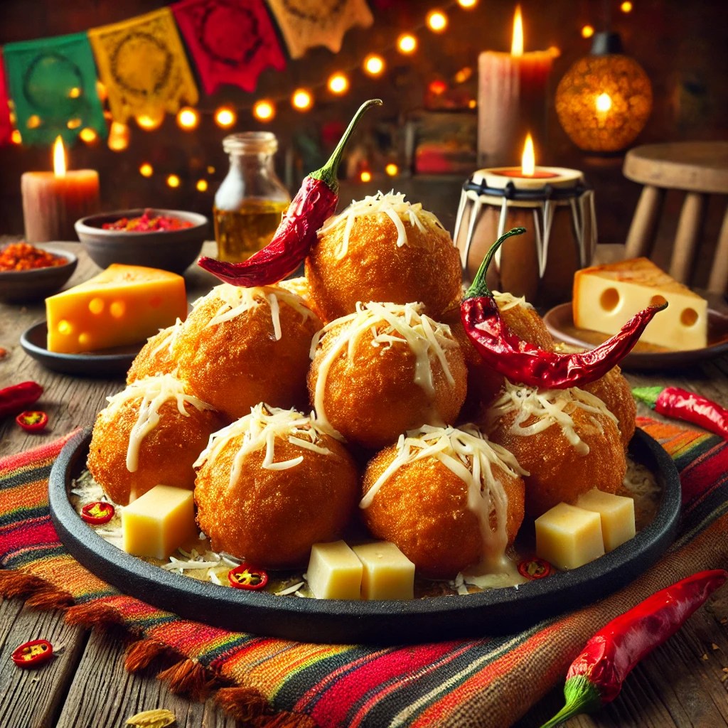 Een smaakvolle presentatie van chili-kaas oliebollen, goudbruin gebakken met een knapperige textuur. De oliebollen tonen zichtbare stukjes gesmolten kaas en rode chilivlokken. De setting is aangekleed met kleurrijke Mexicaanse textielpatronen, verspreide kaasblokjes, rode pepers en warme sfeerverlichting. 🧀🌶️✨