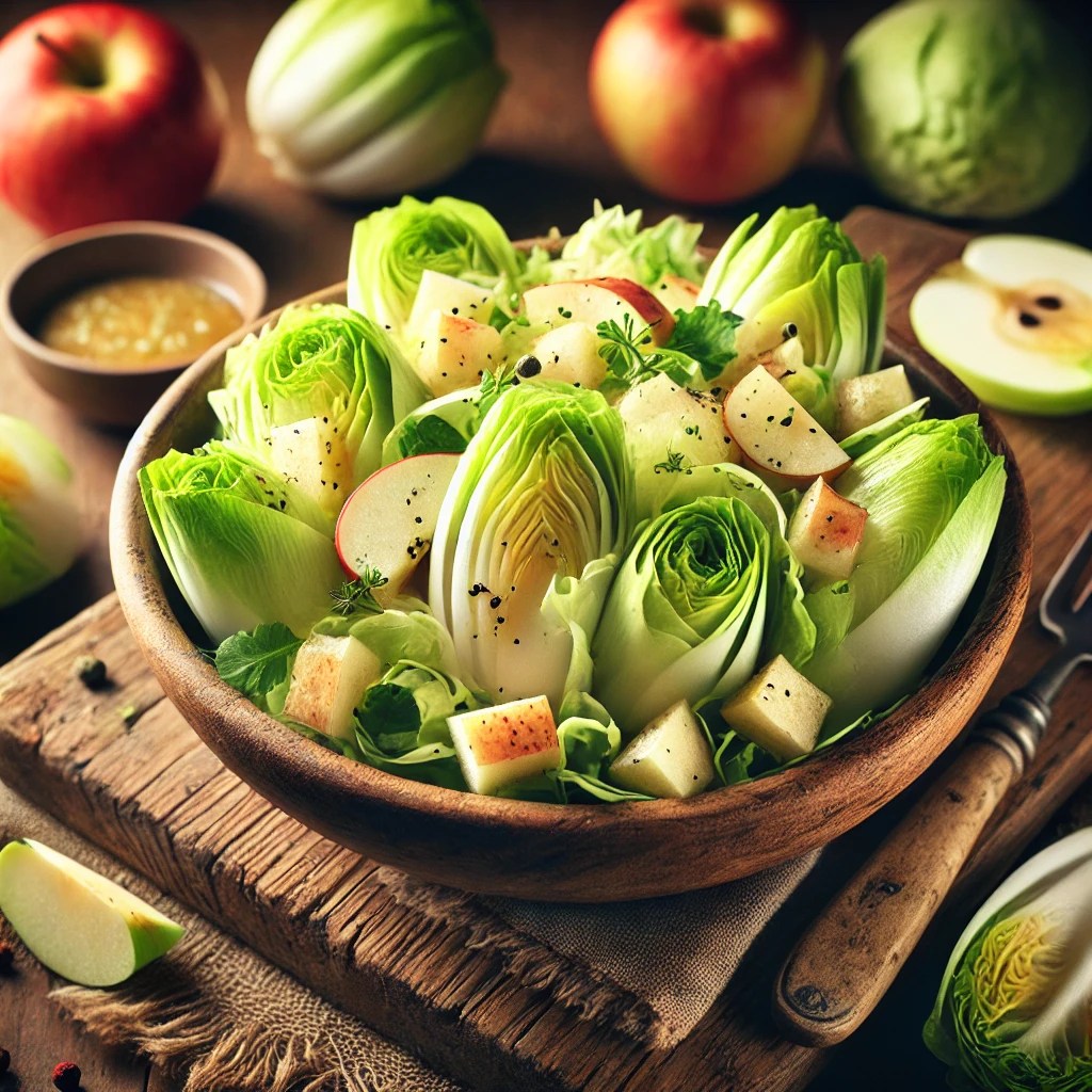 Een frisse en kleurrijke presentatie van 'Andijviesalade met Appel', met knapperige groene andijviebladeren, sappige appelblokjes en een lichte vinaigrette dressing in een rustieke houten kom. De achtergrond heeft warme, natuurlijke tinten met subtiele decoraties zoals een houten tafeloppervlak en verspreide appelpartjes. Het geheel oogt uitnodigend en smakelijk, zonder zichtbare tekst op de kom of in de achtergrond.