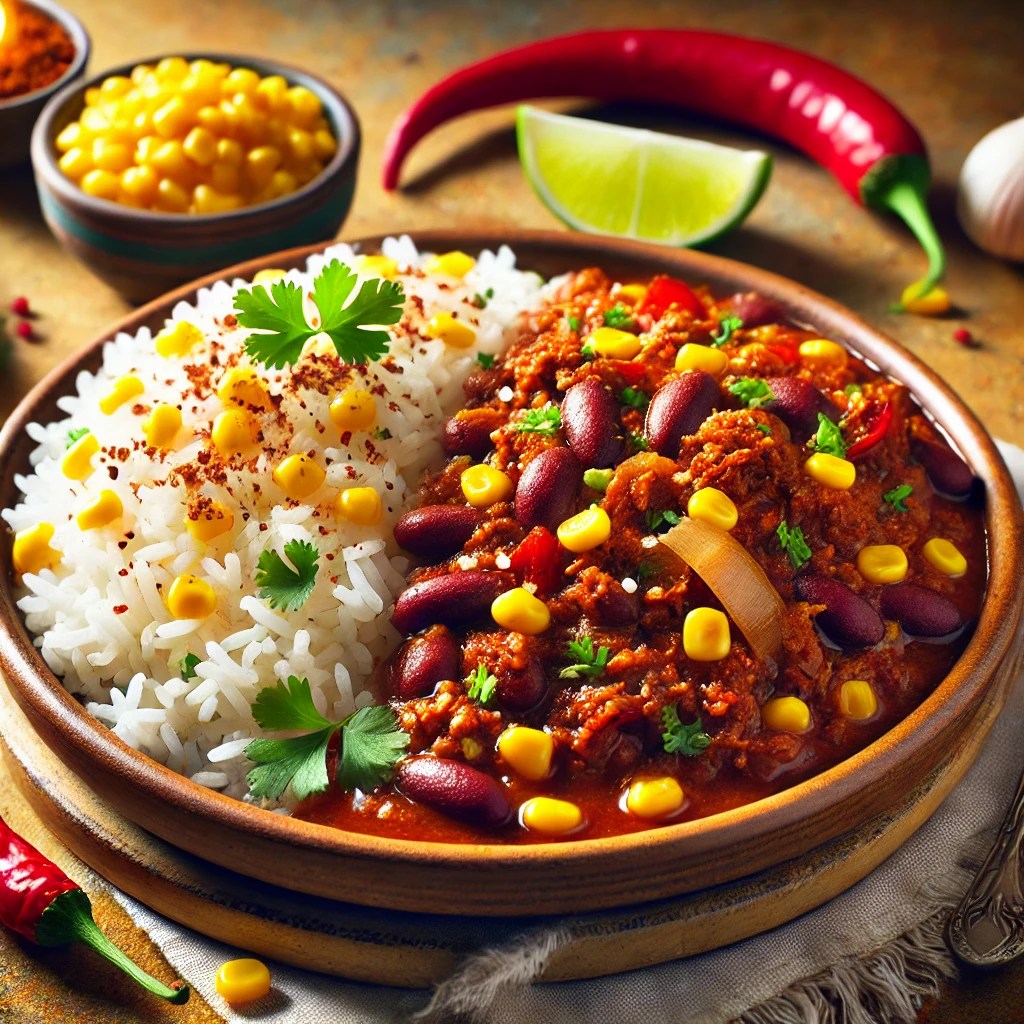 Een smakelijke presentatie van chili con carne naast een portie luchtige rijst gemengd met maïskorrels, geserveerd op een rustiek keramisch bord. Het gerecht is gegarneerd met verse koriander en een schijfje limoen, met warme, natuurlijke achtergrondelementen die de rijke kleuren en texturen van het gerecht benadrukken. 🌽🍛✨